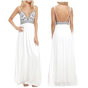WHITE EMBROIDERED DEEP V BACKLESS MAXI DRESS